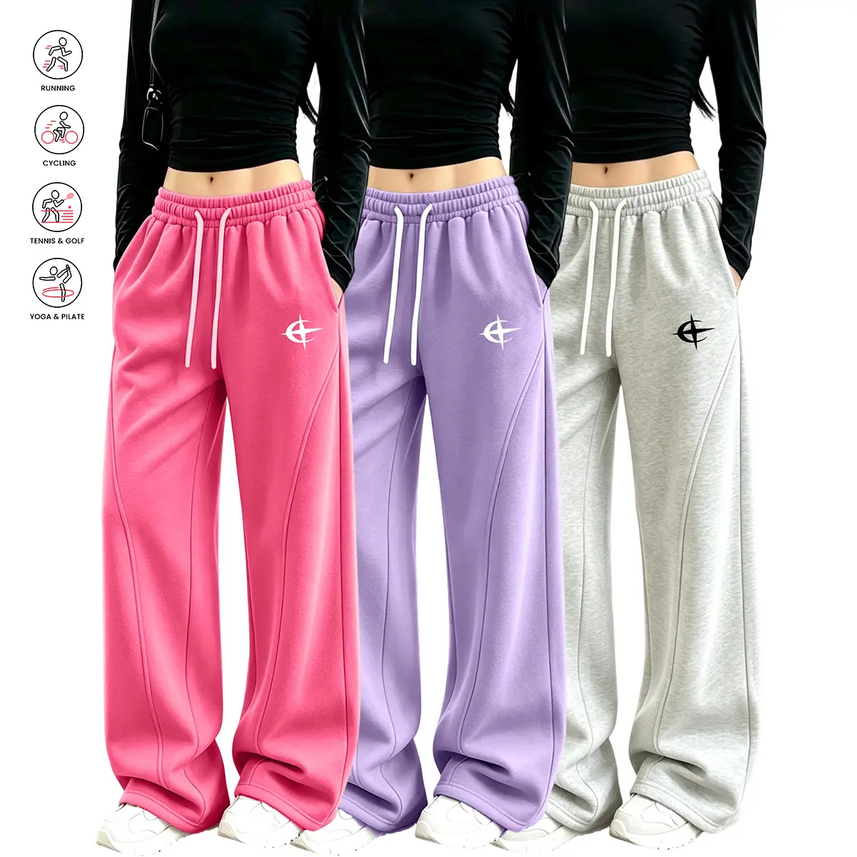 Women's Wide Leg Long Sweatpants (3 Pairs) - Elastic Waistband with Drawcord, Soft Cotton Stretchy Fabric, Durable, Machine Washable, Solid Color with Stylish Prints, Casual Lounge Wear for Spring/Autumn, Wide Leg Sweatpants, Elastic Drawcord