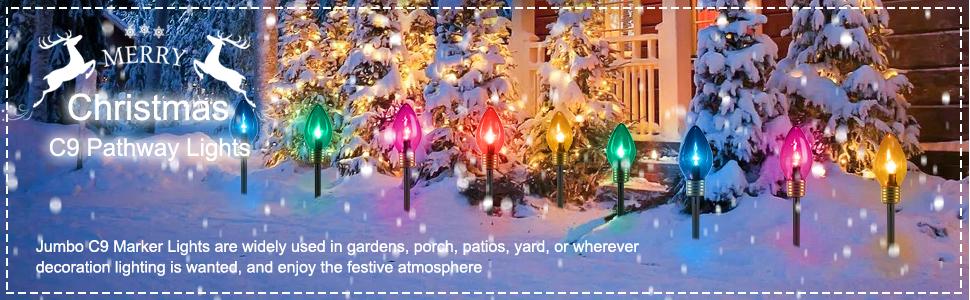 Christmas Lights Jumbo C9 Outdoor Lawn Decorations with Pathway Marker Stakes, 2 Pack 8.5 Feet String Lights Covered Jumbo Multicolored Light Bulb for Holiday Outside Yard Garden Decor, 10 Lights