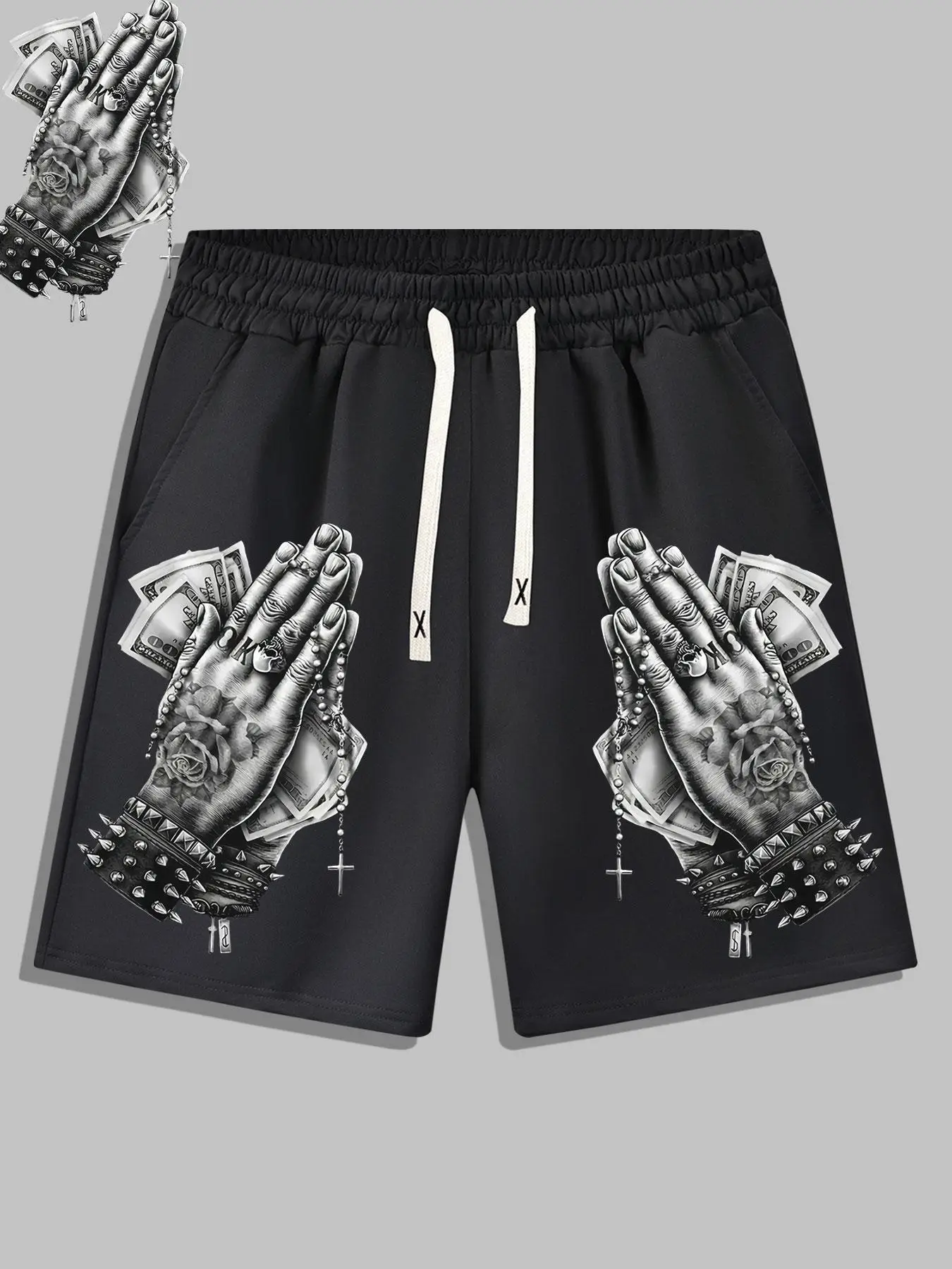 Men's Stylish Hand Print Drawstring Waist Shorts, Regular Fit Summer Clothes, Shorts for Men, Graphic Beach Shorts, Athletic Gym Workout Shorts with P