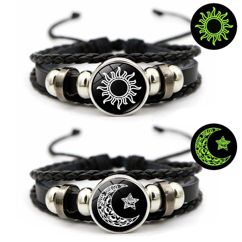 Cross-border New Product 2025 Sun Moon Lovers Leather Bracelet Vintage Punk Multi-Layer Beaded Woven Bracelet Couple Gift 17cm Chain Length PU Leather Glass Sheet Daily Wear