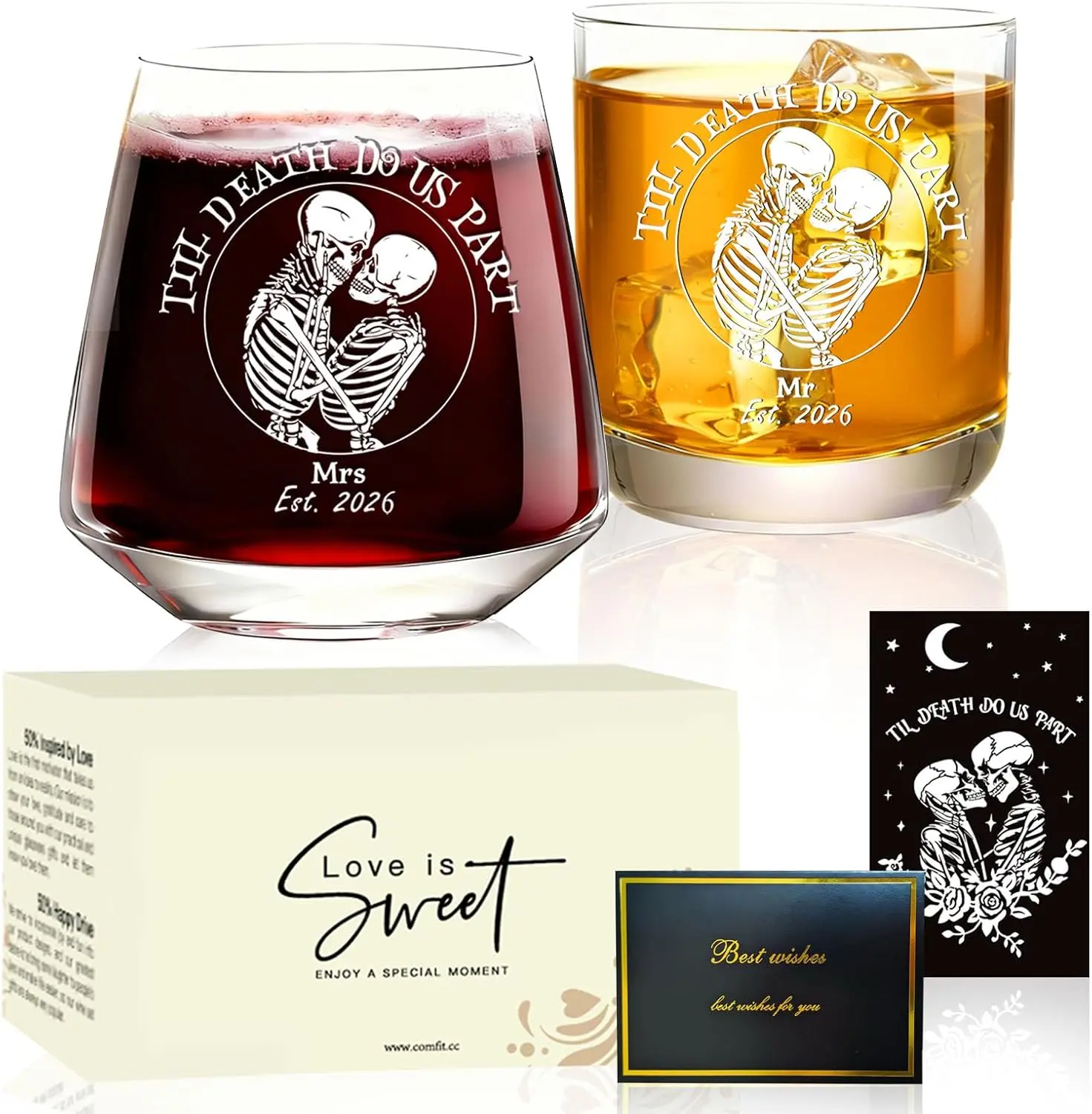 Stylish Skull & Book Pattern Couple Wine Glass Set - 2-Piece Goth Skeleton Engraved Crystal Rocks Tumblers, for Halloween Party & Gothic Wedding, Bride-Groom Till Death Do Us Part, Unique Anniversary Gift