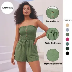 Katch Me Look Women's Basic Solid Off Shoulder Partial Button Front Tie Playsuit, Elegant Casual Sleeveless Lightweight Loose Playsuit, Wide Leg Playsuit
