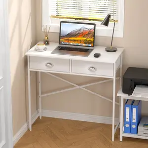 Small Writing Desk for  Bedroom, 31.5 Inch White Computer Desk for Small Spaces, Simple Desk with 2 Fabric Drawers for  Office, Dorm, Living Room,  Study Table, White