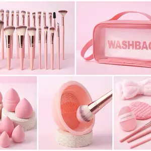 Pink Makeup Brush Set with Washbag, Sponge, and Cleaning Tools for Professional and Home Use