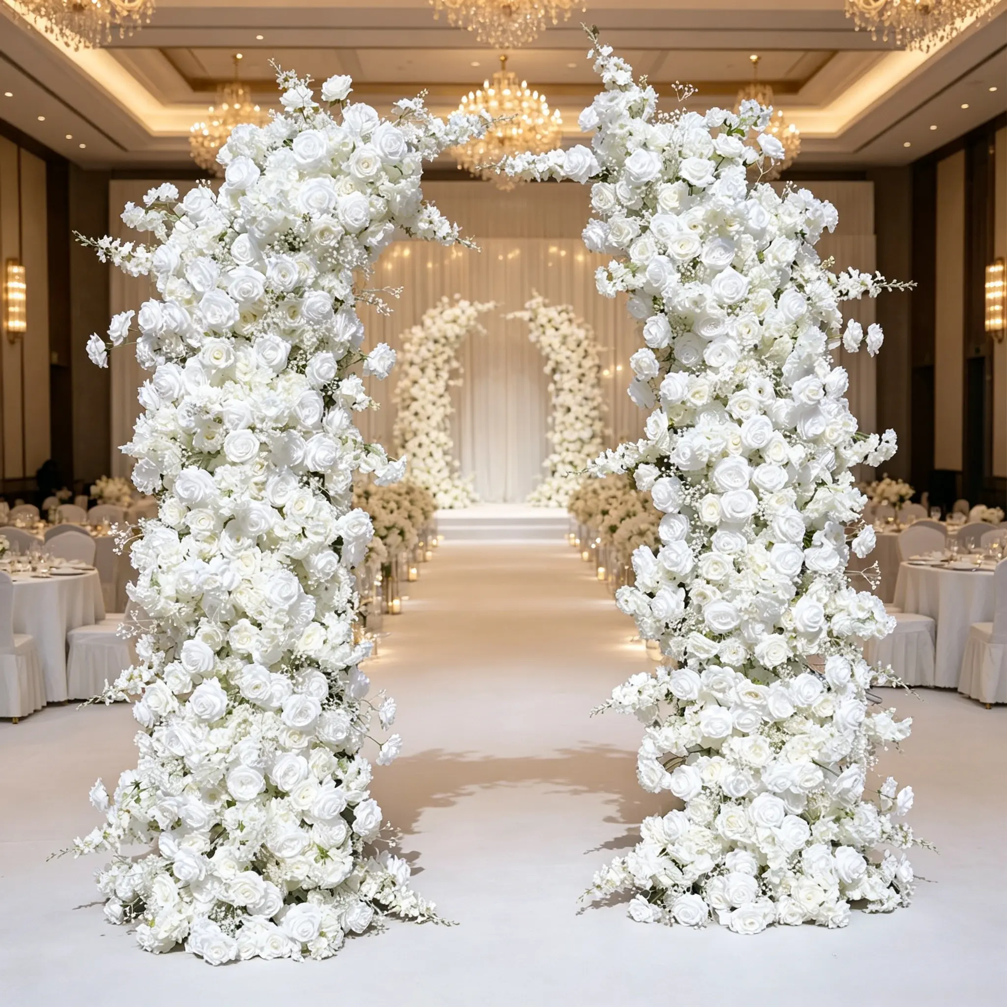 Romantic Tall Symmetrical White Faux Silk Flower Arch Pillar Full Cover Artificial Floral Frame Backdrop for Wedding Ceremony Marriage Proposal Engagement Bridal Shower Photo Booth Baby Shower Graduation Anniversary Party Reusable Floral Display