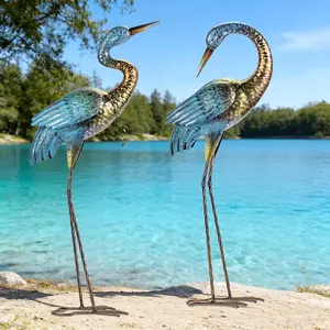 Garden Crane Statues Outdoor, Standing Blue Heron Decoy Sculptures, Metal Bird Yard Art for Lawn Patio Backyard Decoration(Set of 2)