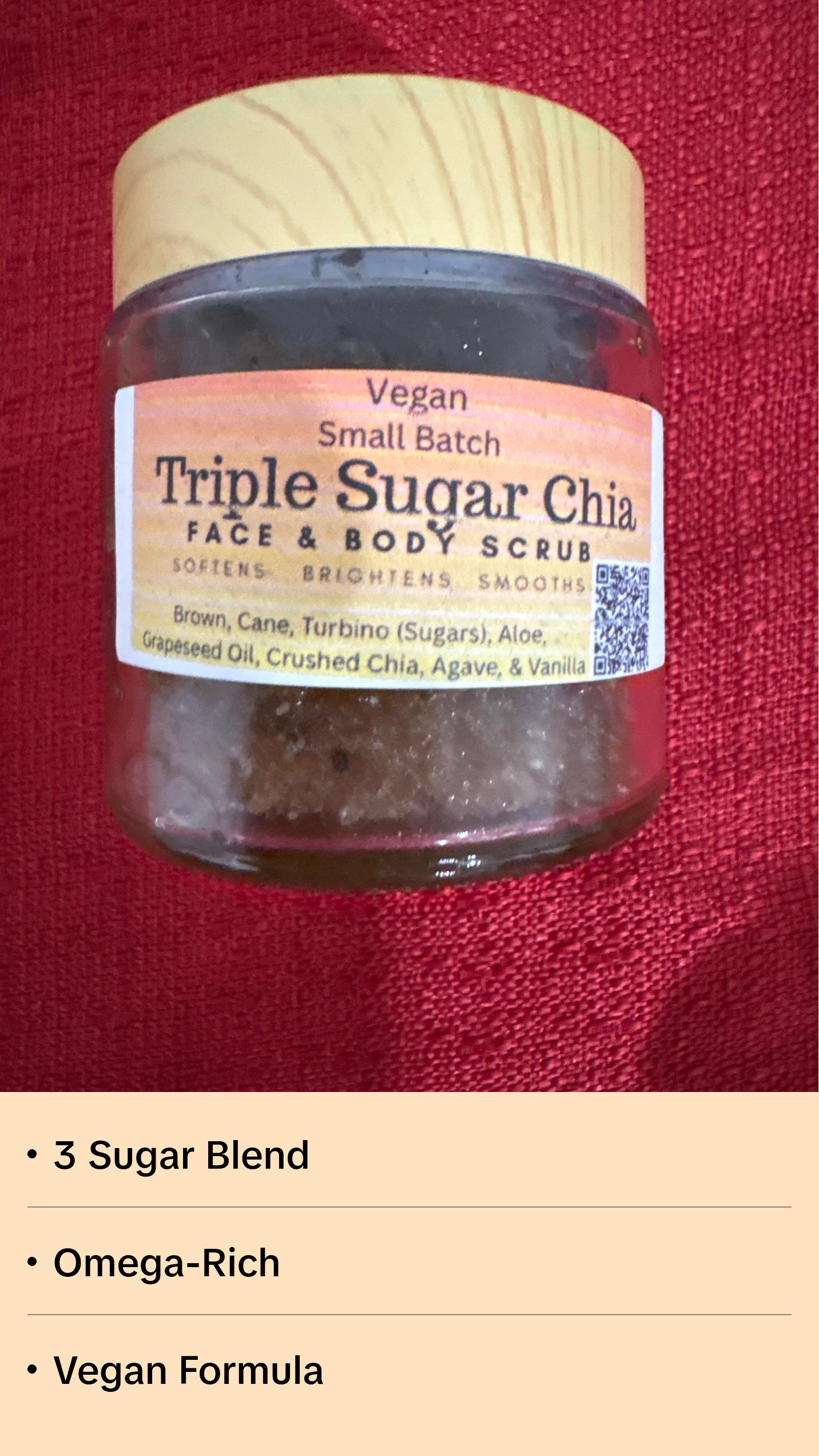Triple Sugar Chia Sugar Scrub - 3 Sugar Chia Body Scrub Exfoliating & Skin Softening Vegan Formula with Brown Raw & Cane Sugar Omega-Rich Chia Seeds & Moisturizing Oils Aloe Aloe Vera Triple Sugar Chia Sugar Scrub - 3 Sugar Chia Body Scrub Exfoliating & Skin Softening Vegan Formula with Brown Raw & Cane Sugar Omega-Rich Chia Seeds & Moisturizing Oils Aloe Aloe Vera
