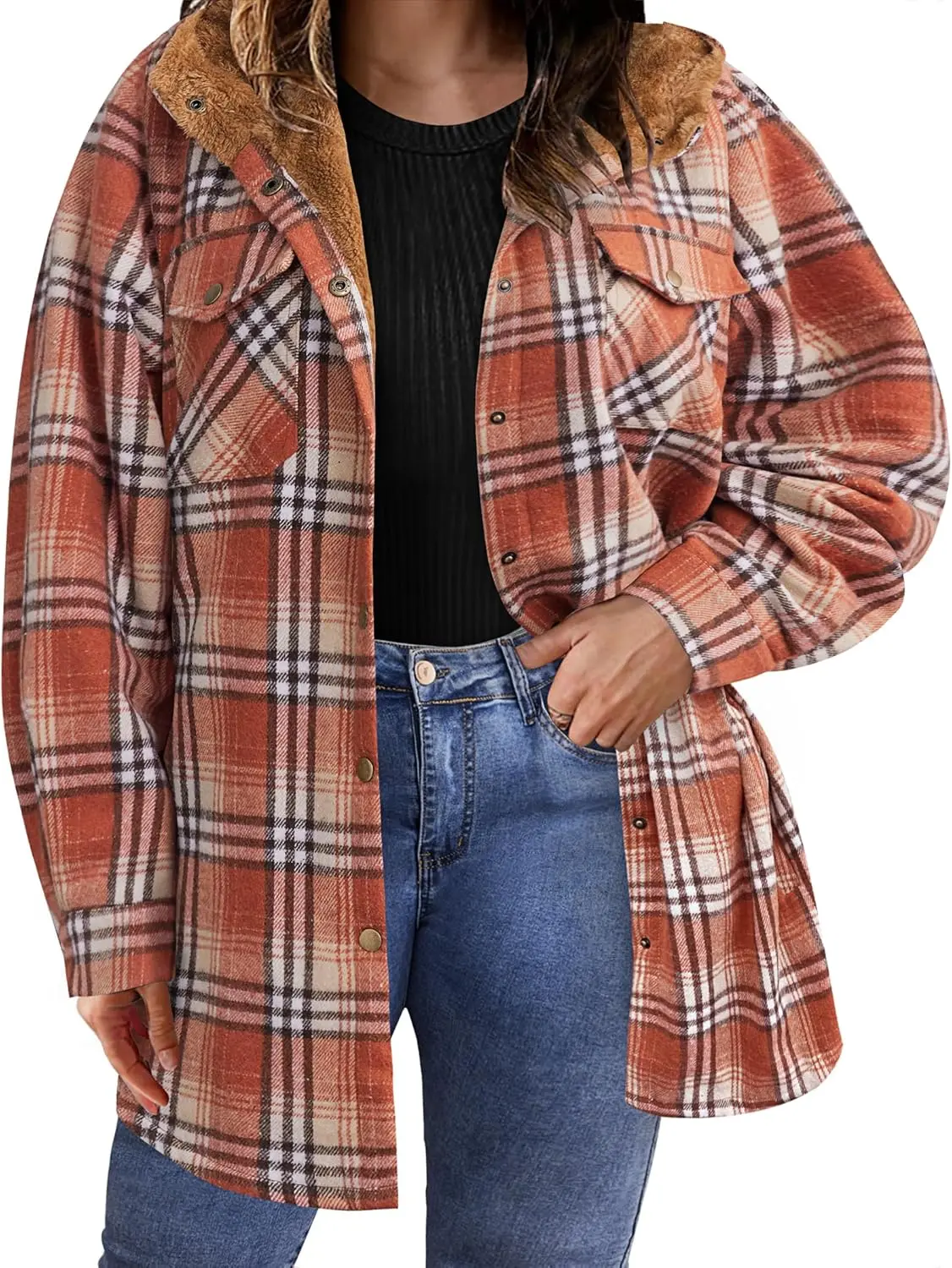 IN'VOLAND Plus Size Women Flannel Plaid Shacket Jacket Long Sleeve Button Down Fleece Hooded Jackets Fall Winter Coat Womenswear Outdoor Casual Cotton Fabric Basic zip hoodies sports jacket Bodycon Comfortable