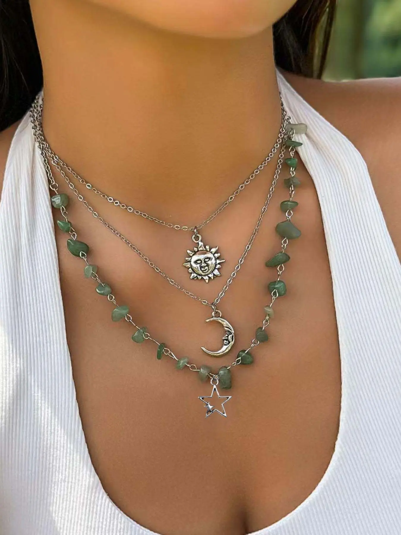 Fairycore 3-Piece Set Star Moon Sun Pendant Necklace, Trendy Astrology Jewelry, Perfect Gift for Dreamers, All-Season Fashion Accessory, Beaded Necklace, Chain Necklace