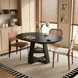 43.3in-59in Extendable Round Dining Table for 4-8, Modern Kitchen Oval Dining Table with Removable Leaves Space Saving,Wood Base with Storage Shelf for Kitchen Living Room (Black) summervibes