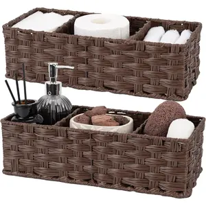 P-SBB014   Bathroom Baskets for Organizing, Wicker Baskets for Shelves, Toilet Storage Basket with Dividers, Small Basket for Organizing, Brown, 2-Pack Organiser Plastic