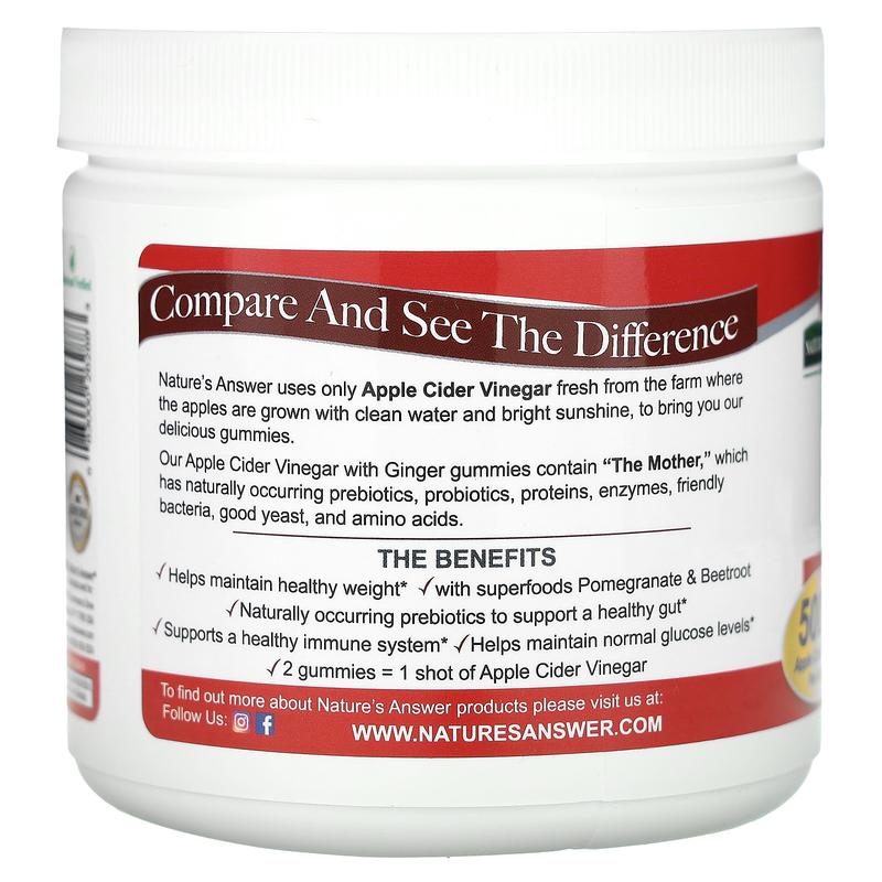 Nature's Answer Apple Cider Vinegar + Ginger Gummies with The Mother, 500 mg, 45 Pectin Gummies