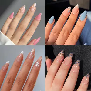 96 Pcs Spring Blue Floral Nail Set, Nude Base Color, French Tip, Hand Drawn Flowers, Almond Shape, Self-Adhesive, Full Tool Kit, Nail Art