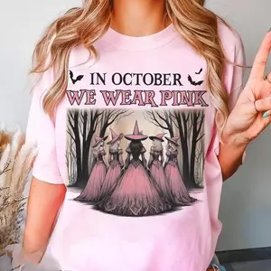 Retro In October We Wear Pink Comfort Colors Shirt, Halloween Spooky Pink Ribbon T-shirt, Breast Cancer Suquad Shirt, Cancer Awareness Tee