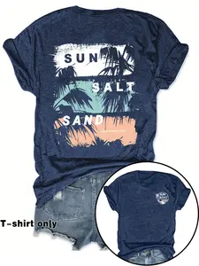 Women's Palm Tree Print Casual Everyday Summer Top, Round Neck Short Sleeve T-Shirt, Comfortable Breathable, Fitted Style, S-Xxl, Womenswear