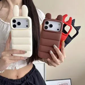 Funny 3D Devil Horns Ear Down Jackets Phone Case For iPhone 12 13 14 15 16 Plus 16e 17 Pro Max Shockproof Soft Silicone Cover