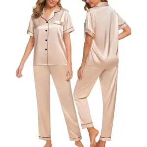 Women Satin Pajamas Set Short Sleeve Top & Pants Sleepwear Silky Button Down Nightwear 2pcs Loungewear Pjs Set