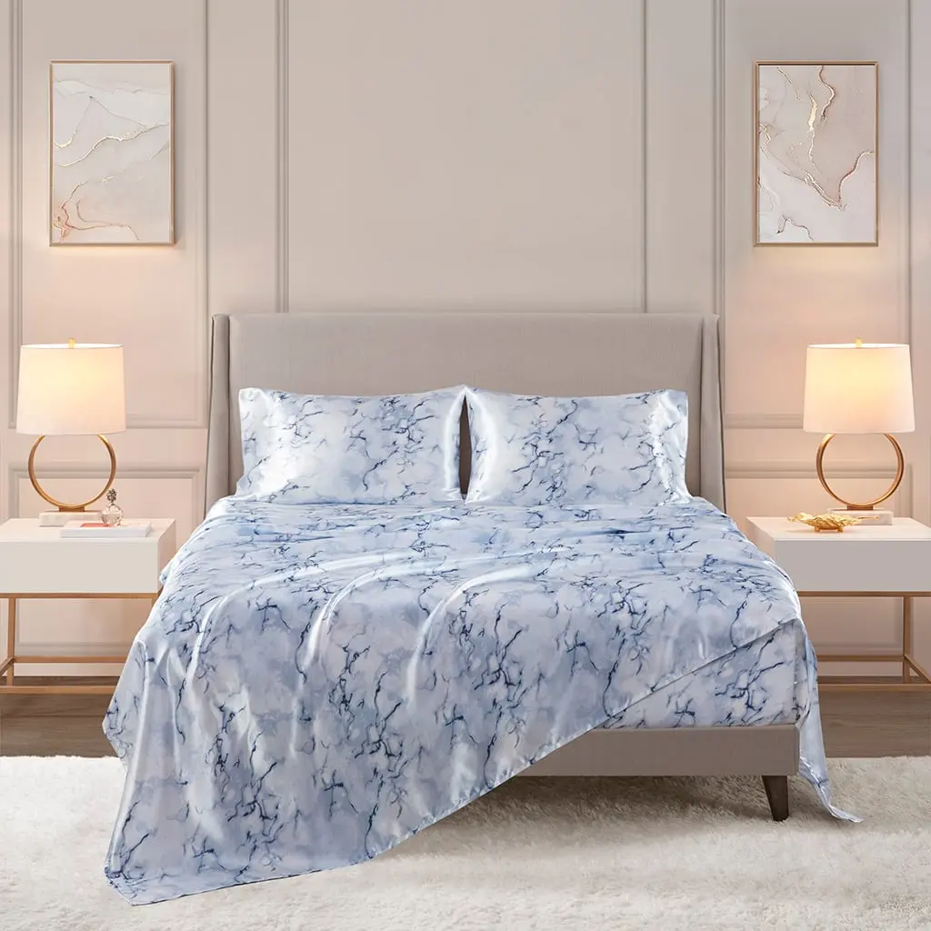 Madison Park Essentials Printed Satin Bed Set, King Size 108x102x0.13 in Printed Blue Marble Bedding Set MPE20-1028, Printed Bedding Set