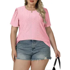 DOLNINE Plus-Size Tops for Women XL-5XL Summer Trendy Eyelet Puff Short Sleeve T Shirts Casual Crewneck Solid Color Tunics RPS2145