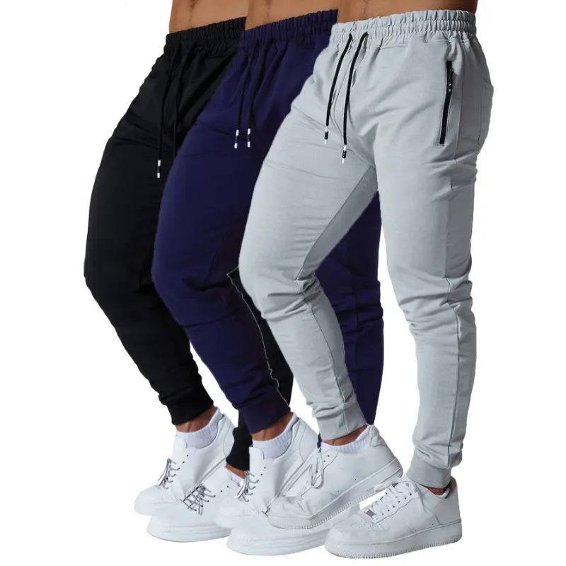 Men's 3-Pack Solid Cotton Blend Joggers, Sporty Tapered Slim Cut Sweatpants with Zipper Pockets, 45% Other Fibers, Dry Clean, Standard Sizes, for Workout & Running, All Seasons, Running Pants, 3Pcs Zipper Pockets