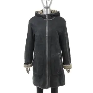 Black Hooded Shearling Jacket- Size M