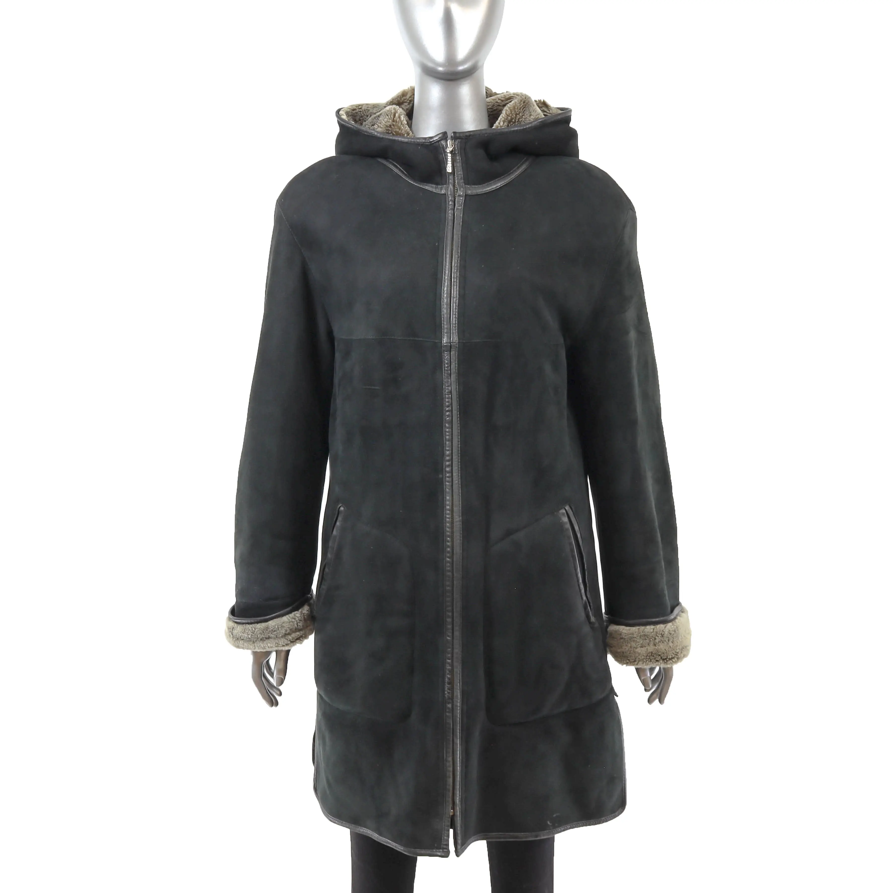 Black Hooded Shearling Jacket- Size M