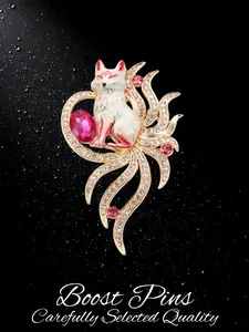 Gold Tone Nine-Tailed Fox Brooch, White Enamel with Pink Crystal & Clear Rhinestone, Mythical Animal Statement Lapel Pin, Women's Fashion Jewelry, Gift for Fantasy Lovers