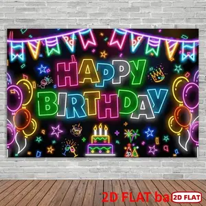 1pc 2D Flat Neon Throws Black Light Banner - Vibrant 'Happy Birthday' Sign with Balloons, Candles, Confetti - Glowing Birthday Party Backdrop, Versatile Wall Decoration