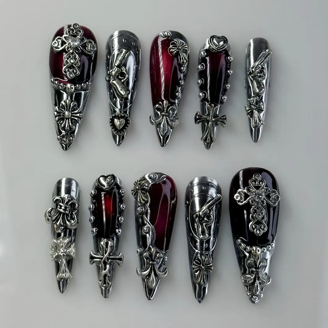 Gothic Chrome Press on Nails, Handmade Cross and Gun Custom 3D Art Nails, Silver & Red Acrylic Nails, Punk Metallic Silver Reusable Nails