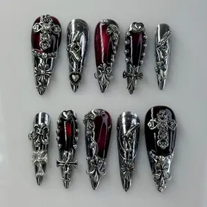 Gothic Chrome Press on Nails, Handmade Cross and Gun Custom 3D Art Nails, Silver & Red Acrylic Nails, Punk Metallic Silver Reusable Nails