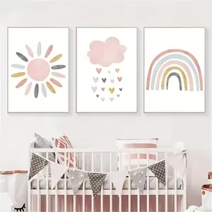 3pcs Nordic Cartoon Cloud Sun Rainbow Canvas Art Prints, Nursery Poster Children Room Wall Background Decorations, No Frame Included