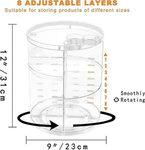 Rotating Makeup Organizer, DIY 8 Adjustable Layers Spinning Skincare Organizer, Cosmetic Display Case with Brush Holder Perfume Tray, Multi-Function Storage Carousel for Vanity Bathroom Countertop