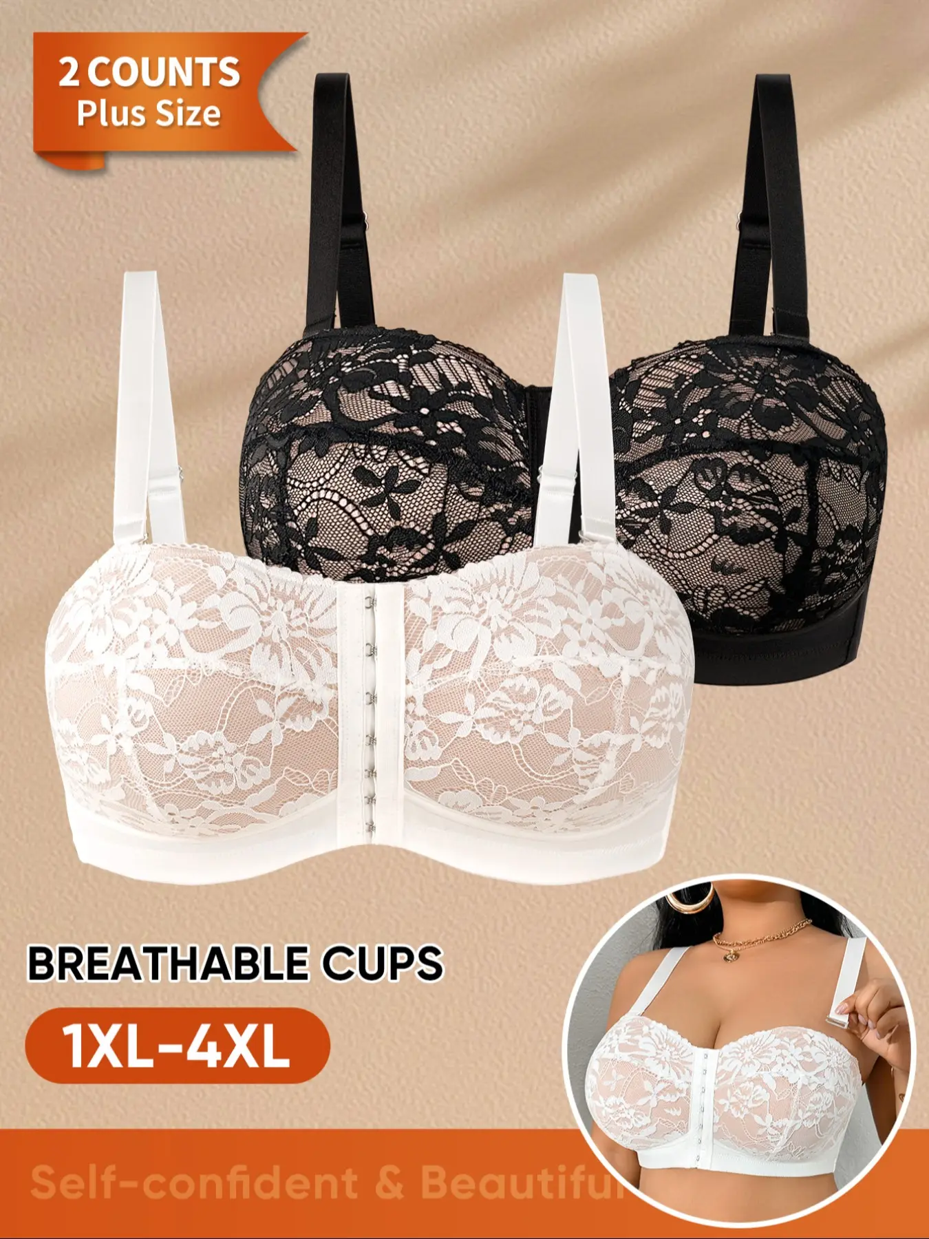 2-Pack Morelect Plus Size Women's Lace Bras, Underwear, Casual, Medium Support, Print, Breathable Cups (1xl-4xl), Elegant Floral Design, Detachable Straps, Multiple Wear Styles
