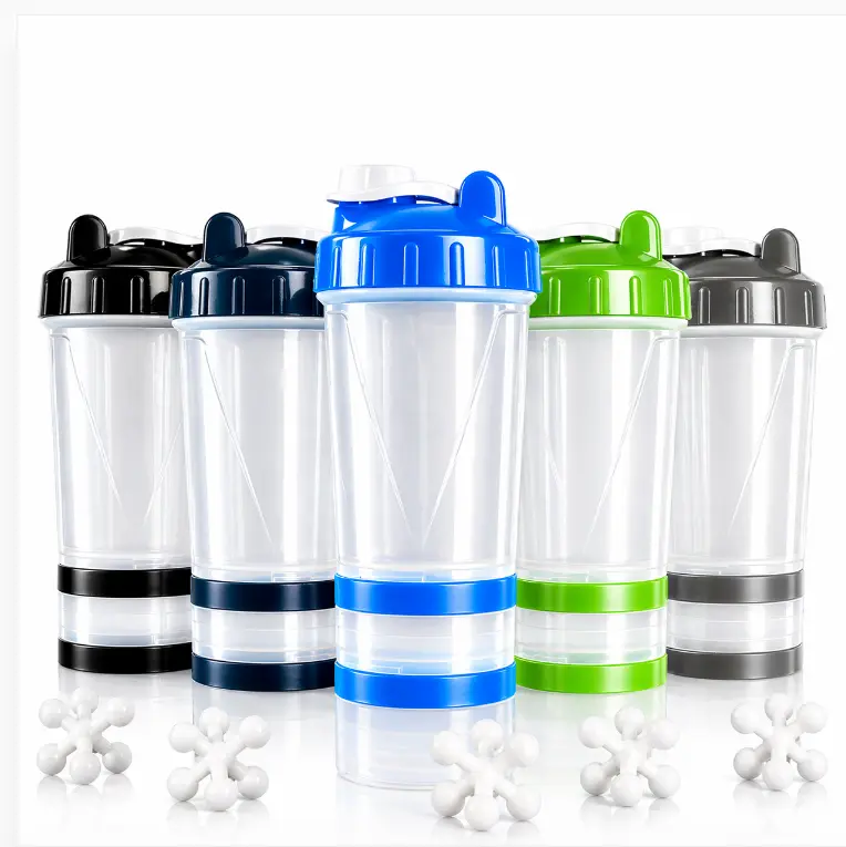 15oz Protein Shaker Bottle BPA-Free with Mixing Ball 2 Storage Jars Measurement Markers for Gym Supplements Pre-Workout Travel Essentials
