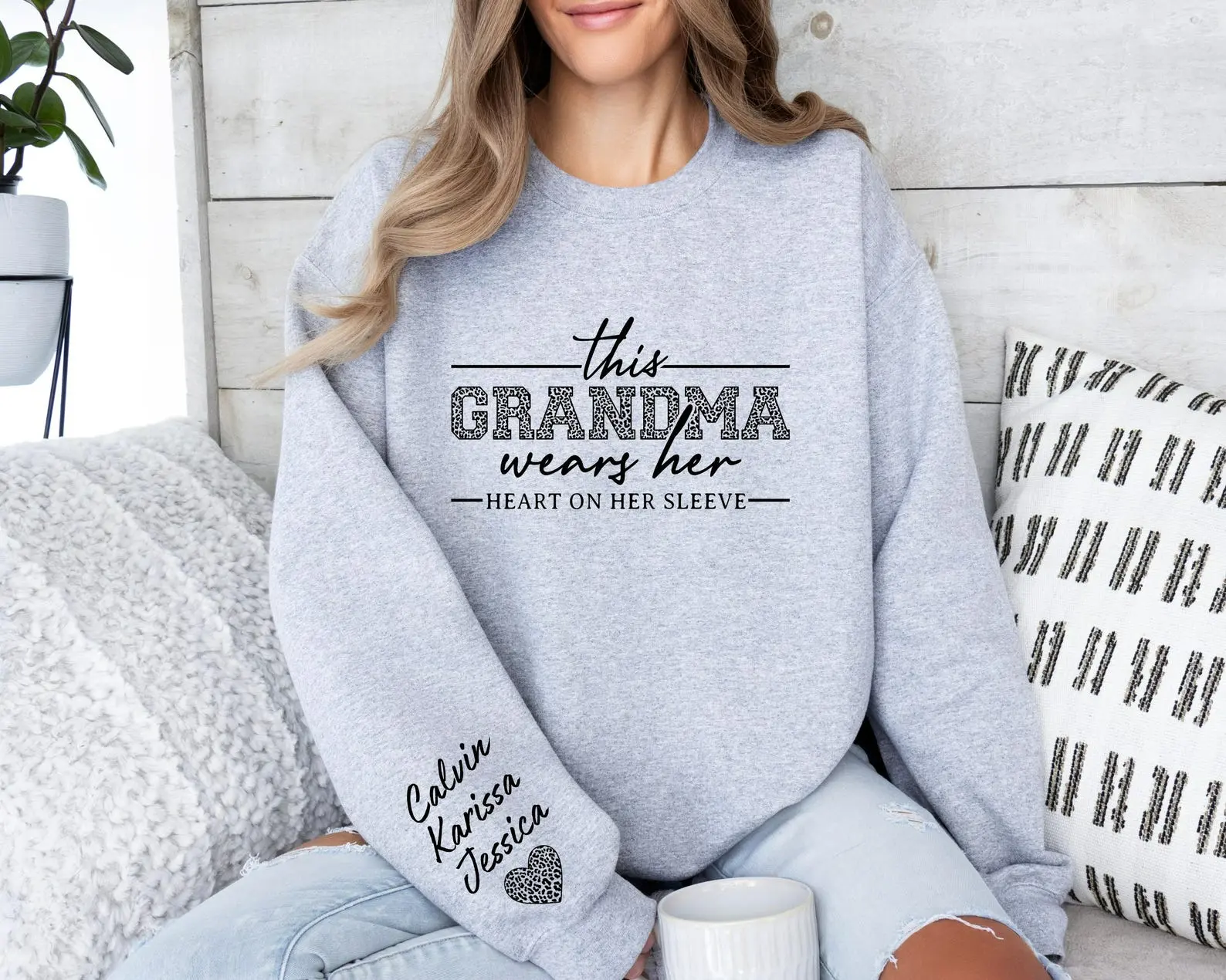 This Grandma Wears Her Heart on Her Sleeve Sweater Personalized Grandma Gift Nana Sweater