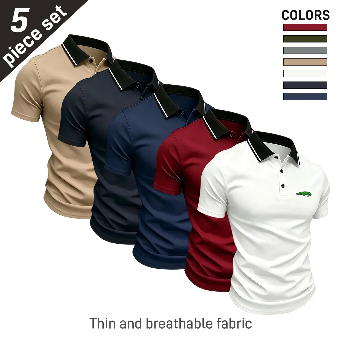 Men’s polo shirt multipack, solid color with crocodile print casual shirts suitable for going out, everyday life, home wear, and office; collared shirts; men’s golf shirts.