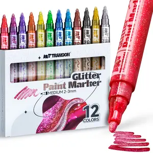 TRANSON Glitter Paint Markers 12 Vibrant Colors Medium 2-3mm Tips for DIY Crafting Art Journaling Sparkling Effects Water-Based Pigmented Easy to Use