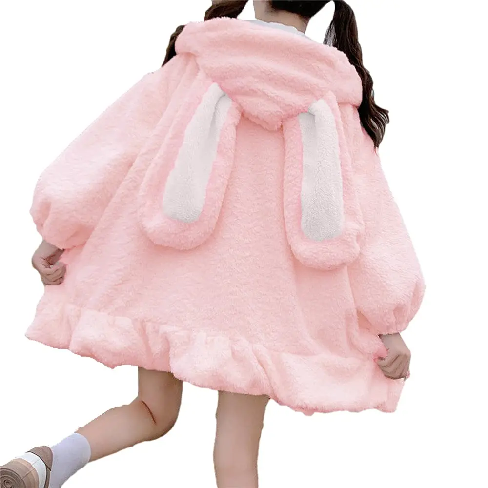 Goranbon Lady's Anime Bunny Ear Hoodie - Oversize, Long Sleeve, Casual Style, Sweet Fuzzy Women's Cosplay Jacket Top