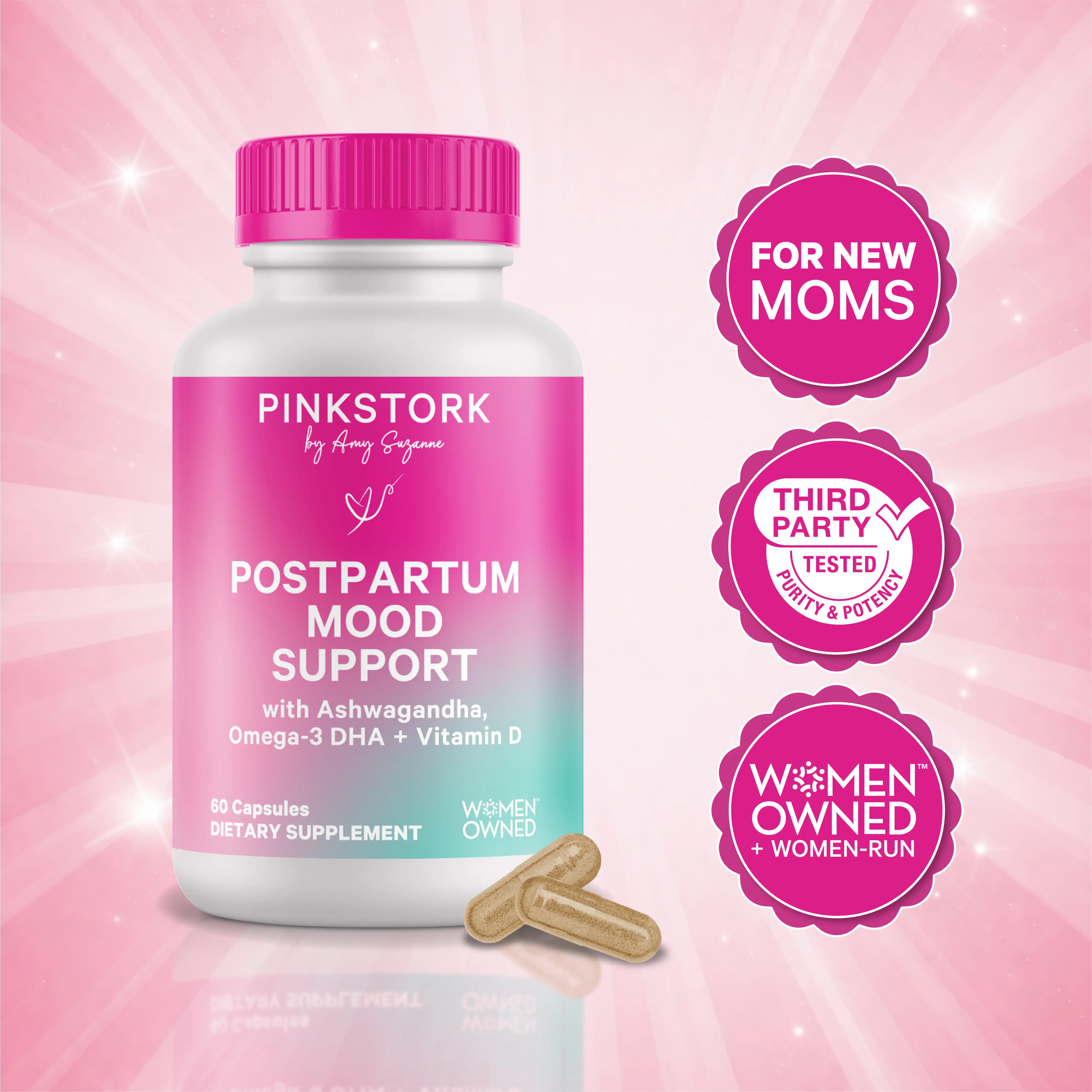 Pink Stork Postpartum Mood Support Capsules for Women - With Ashwagandha, Omega-3 DHA, Chamomile - 1-Month Supply Maternity Dietary Vitamin Supplement