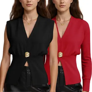 Women's Deep V-Neck Sleeveless Knit Vest or Long Sleeve Cadigan Top with Metallic Buttons & Elastic Waist Casual Basic Womenswear
