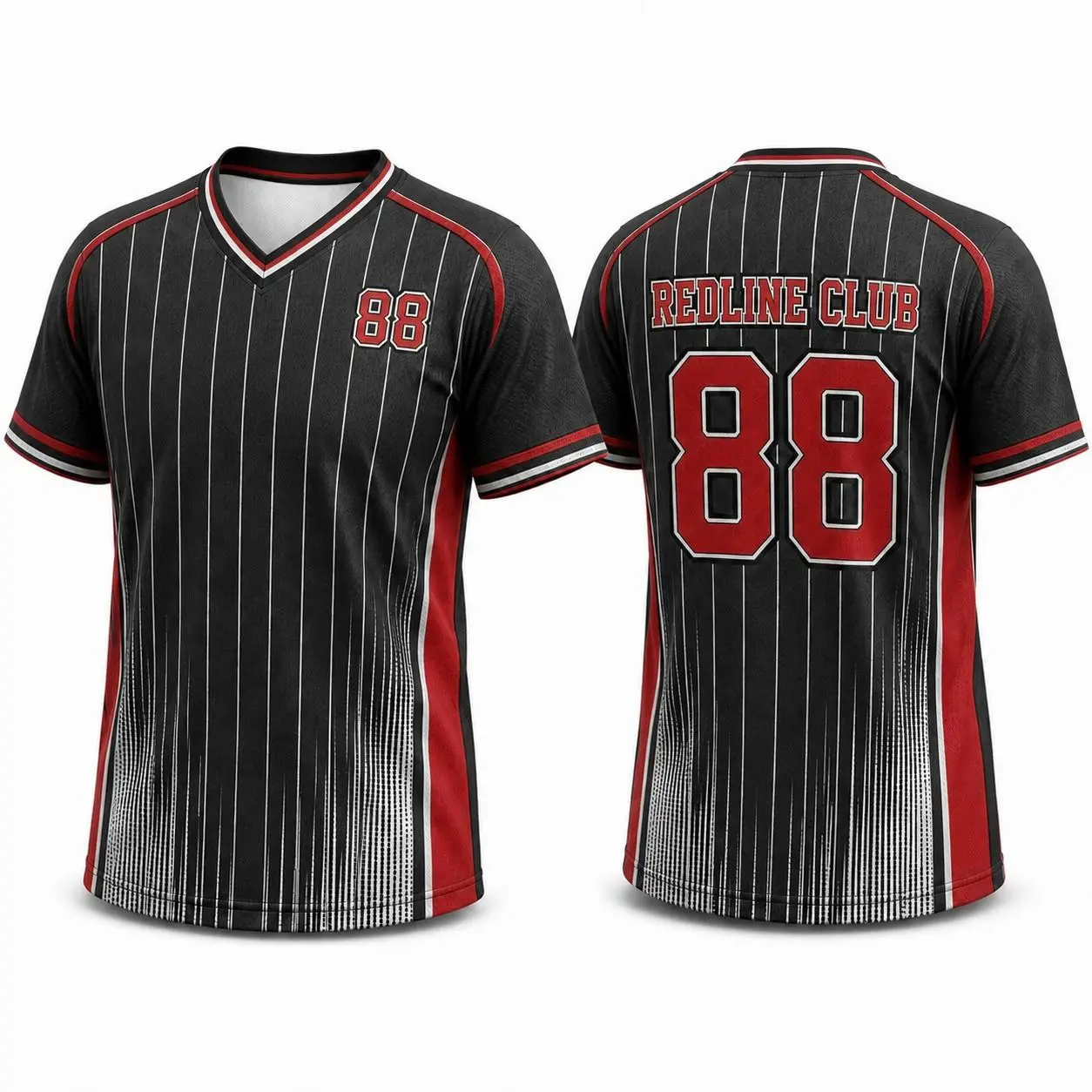 Charcoal Black White Red Vintage Baseball Inspired V Neck Mesh Shirt, Speed Line Pinstripe All Over Print Short Sleeve Athletic Jersey, Unisex Streetwear for Men and Women