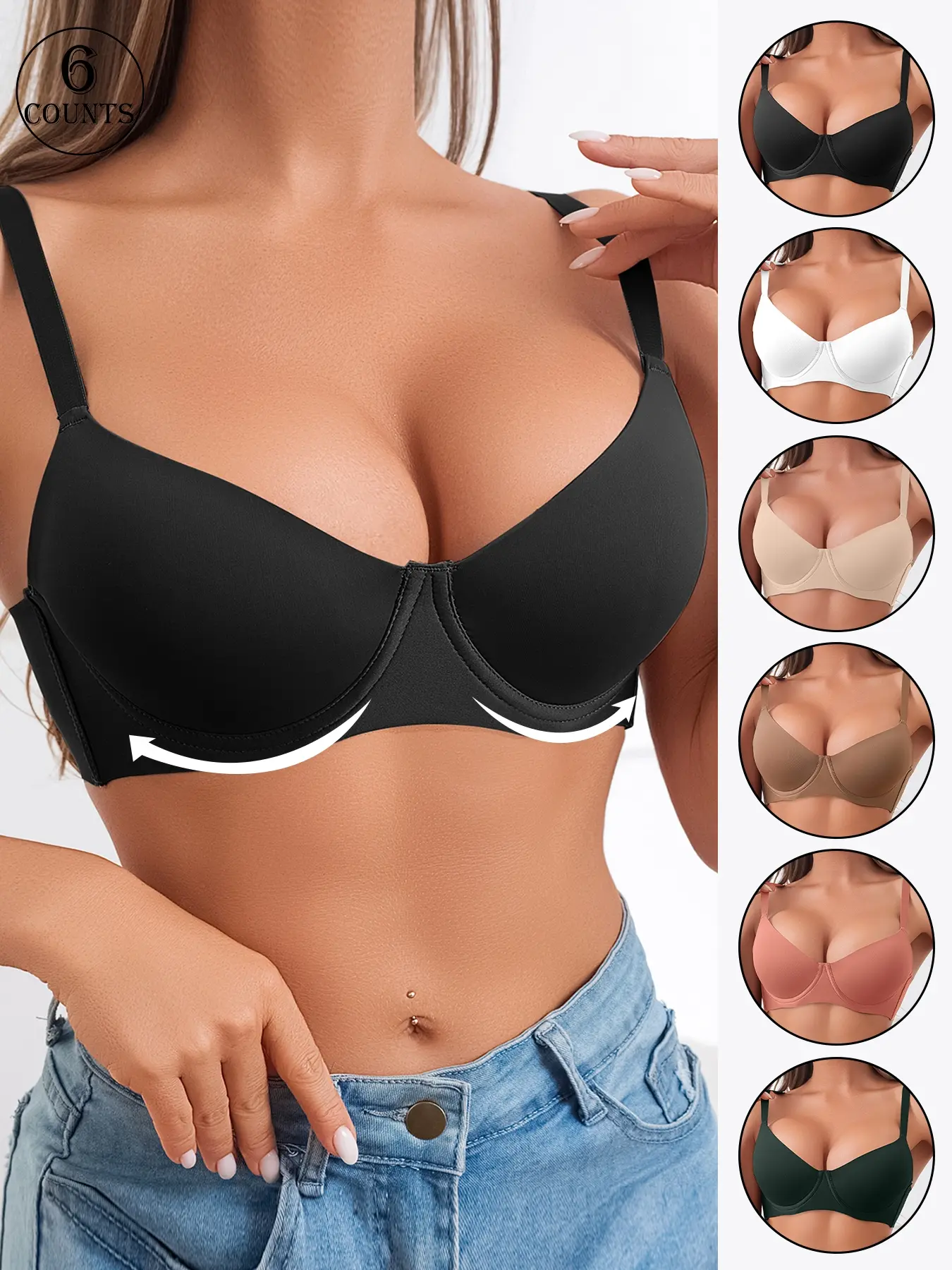 4/5/6Pack, 6 colors Women's seamless push-up bra with underwire, non-removable padding, four-row three-hook back, adjustable straps, skin-friendly, soft, breathable, suitable for daily wear/commuting, Casual, solid color, Fit, Underwear