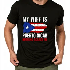 100% Cotton My Wife Is Puerto Rican Puerto Rico Heritage Roots PR Flag T-Shirt Women's Men's Graphic Tee Causal Tops Fashion
