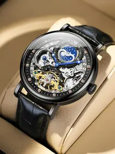 Onola Brand Elegant Men's Automatic Mechanical Watch, Hollow Tourbillon Chronograph, Dual Time Zone Moon Phase Display, 3atm Waterproof, Water Resistant Watch