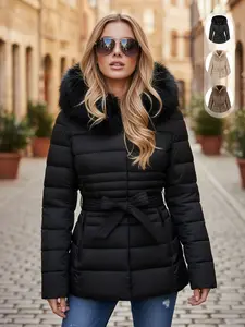 Women's Fall Winter Lightweight Waterproof Outdoor Hooded Cotton Jacket, Casual Plain Design with Pockets & Adjustable Belt, Warm Comfortable Coat