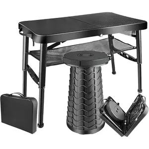 Folding Table and Stool, Small, Black, 4 Foot Outdoor Portable Table, Adjustable Height, Camping, Picnic, RV Table, 55lbs Load-Bearing, Lightweight