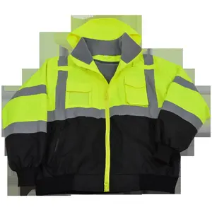 212 MAIN Class 3 High Visibility Waterproof Poly Oxford Bomber Jacket (Lime & Black 2-Tone Look), ANSI-ISEA & EN471 Certified, Reflective Stripes, Removable Fleece Liner & Hood, 5X Size, Work Safety Waterproof Jacket, Two-Tone Look