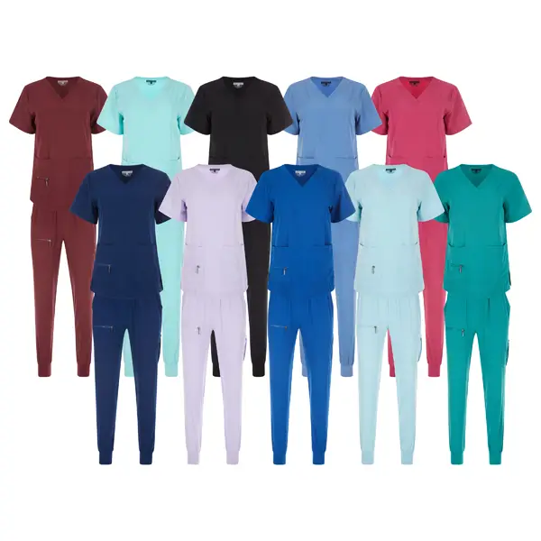 Women's Stretch Jogger Scrubs Set Solid V-Neck Nursing Uniform Quick Dry Breathable
