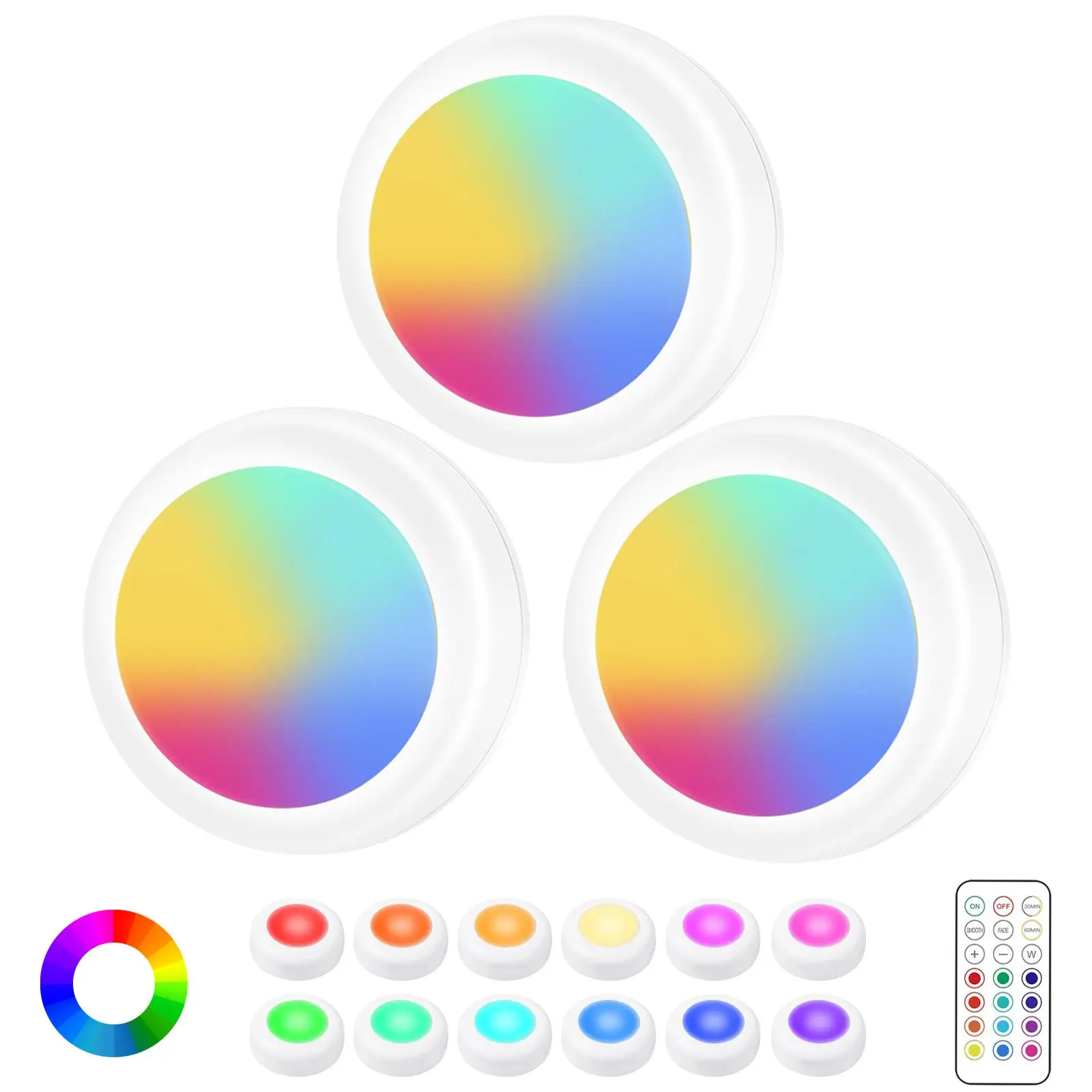 Cadrim 3PC RGB Under Cabinet Lighting Rechargeable or AA Battery Powered 13 Color Changing with Press or Remote Control for Kitchen Living Room Bedroo