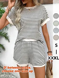 S-3XL，Two-Piece Set Women's Striped Print Batwing Sleeve Tee & Shorts, Casual Round Neck Top & Shorts for Summer, Ladies Clothes for Daily Wear, Lounge Shorts Set
